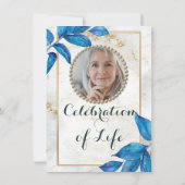 Blue Foliage Modern Photo Celebration of Life Kaart (Achterkant)