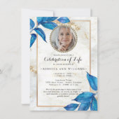 Blue Foliage Modern Photo Celebration of Life Kaart (Voorkant)