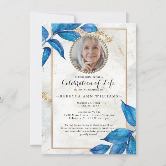 Blue Foliage Modern Photo Celebration of Life Kaart (Voorkant)