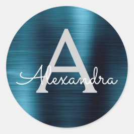 Blue Folie Girly Metallic Monogrammed Wedding Ronde Sticker