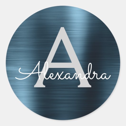 Blue Folie Girly Metallic Monogrammed Wedding Ronde Sticker (Voorkant)