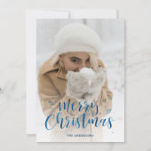 Blue Folie Script Sneeuwfotokerstkaarten Feestdagenkaart (Voorkant)