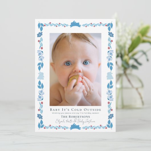 Blue Folk Art Baby Het is koud buiten de fotofeest Kaart (Staand voorkant)