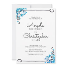 Blue Folk Art Bloemen Waterverf Bruiloft