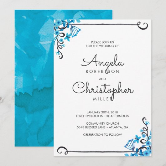 Blue Folk Art Bloemen Waterverf Bruiloft Kaart (Voorkant / Achterkant)