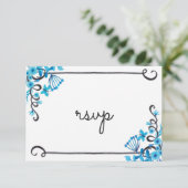 Blue Folk Art Bloemen Waterverf RSVP (Staand voorkant)