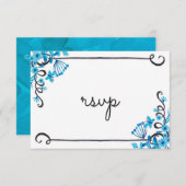 Blue Folk Art Bloemen Waterverf RSVP (Voorkant / Achterkant)