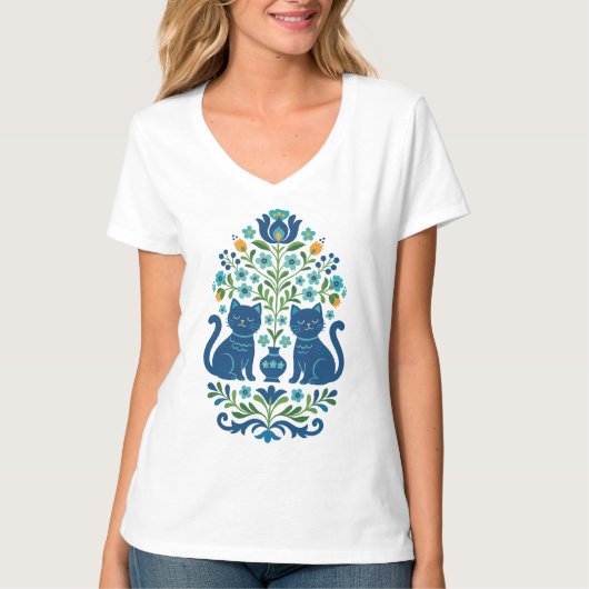 Blue Folk Art Cats – Whimsical Floral Cat Design i T-shirt (Voorkant)