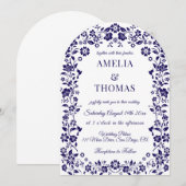 Blue Folk Art Floral Wedding  Kaart (Voorkant / Achterkant)