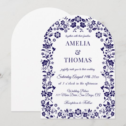 Blue Folk Art Floral Wedding  Kaart (Voorkant / Achterkant)