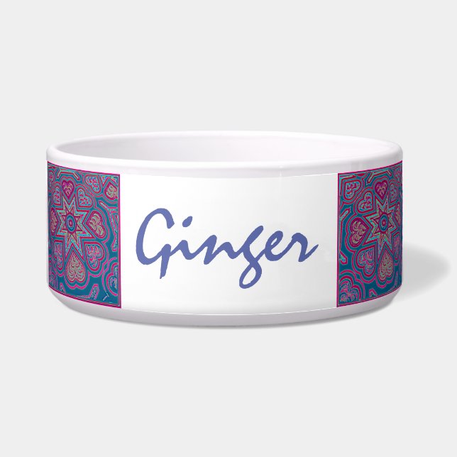 Blue Folk Art Heart Pet Bowl Voerbakje (Voorkant)