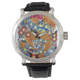 Blue Foo Dog Japans Tattoo Design Horloge