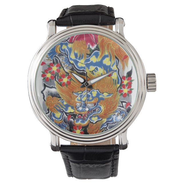 Blue Foo Dog Japans Tattoo Design Horloge (Voorkant)
