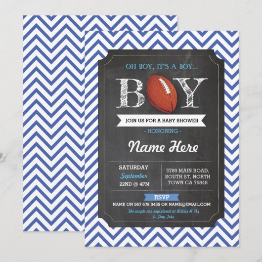 Blue Football Boy Baby shower Rugby Uitnodiging (Voorkant / Achterkant)