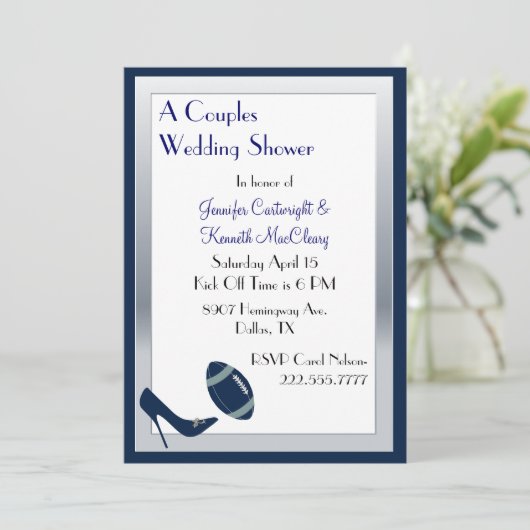 Blue Football Couples Wedding Shower Uitnodiging (Staand voorkant)