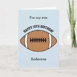 Blue Football Happy 13th Birthday Son Kaart<br><div class="desc">Een blauw football 13e verjaardagszoon kaart,  die je gemakkelijk kunt personaliseren met zijn leeftijd en naam. De binnenkant leest een verjaardagsbericht,  dat je ook gemakkelijk kunt bewerken. U kunt de achterkant van deze verjaardagskaart van het football personaliseren met het jaar.</div>