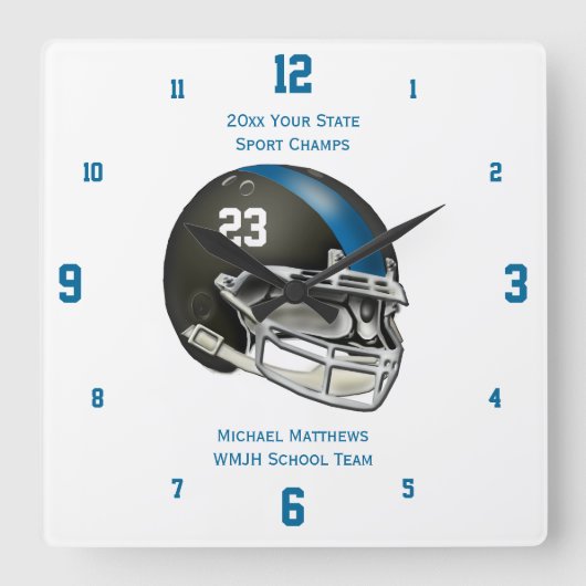 Blue Football Helmet Name and School Clock Vierkante Klok (Voorkant)