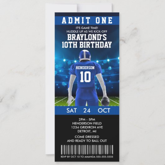 Blue Football Ticket Birthday Uitnodiging (Voorkant)