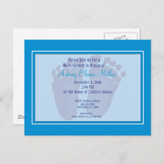 Blue Footprint Baby shower Invitation Uitnodiging Briefkaart (Voorkant / Achterkant)