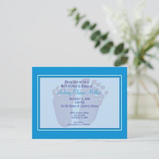 Blue Footprint Baby shower Invitation Uitnodiging Briefkaart (Staand voorkant)