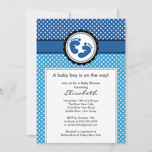 Blue Footprint Boy Baby shower Uitnodiging (Voorkant)