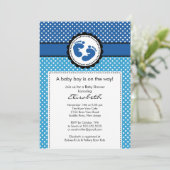 Blue Footprint Boy Baby shower Uitnodiging (Staand voorkant)