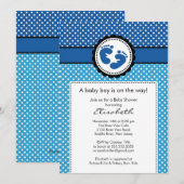 Blue Footprint Boy Baby shower Uitnodiging (Voorkant / Achterkant)