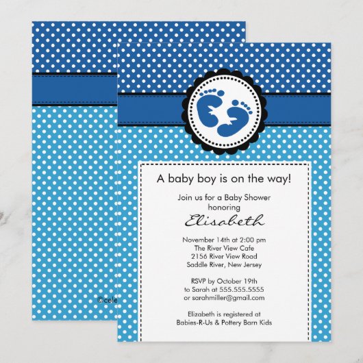 Blue Footprint Boy Baby shower Uitnodiging (Voorkant / Achterkant)