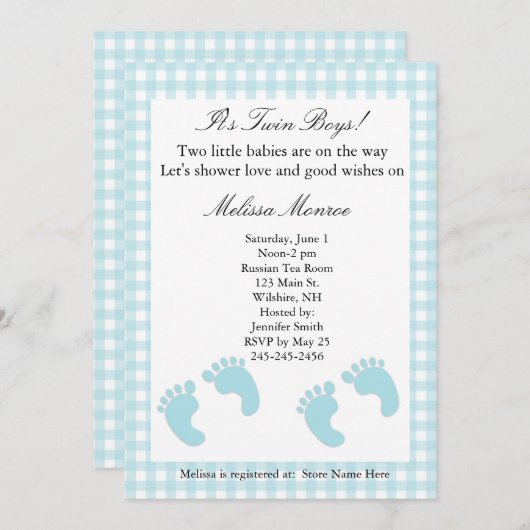 Blue Footprint Twins Shower Uitnodiging (Voorkant / Achterkant)