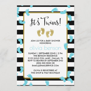 Blue Footprints Black & Gold Twins Baby shower Kaart