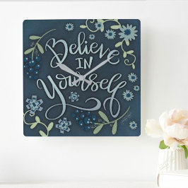 Blue Foral Geloof In Jezelf Citaat Inspiratie Vierkante Klok