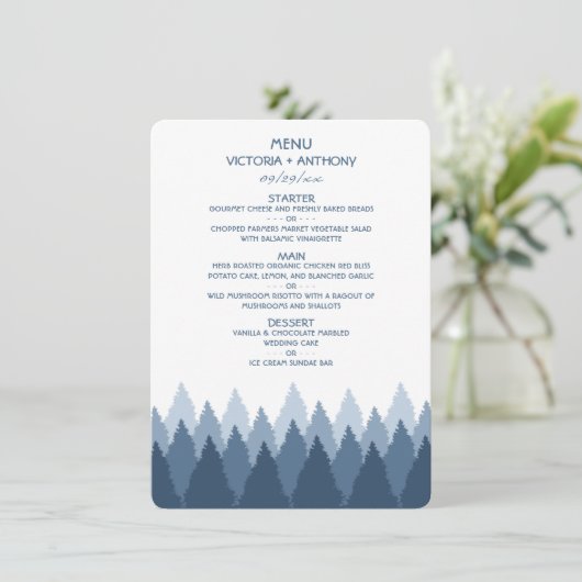 Blue Forest Range Woodland Bruiloft Menu (Staand voorkant)