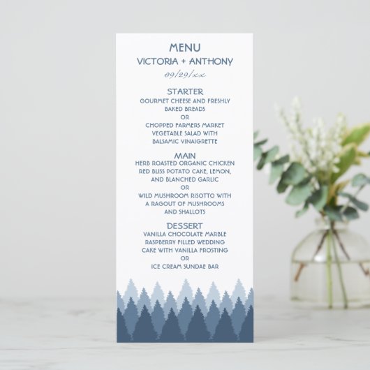 Blue Forest Range Woodland Bruiloft Menu (Staand voorkant)