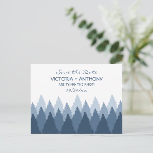 Blue Forest Range Woodland Bruiloft Save the Date Briefkaart (Staand voorkant)