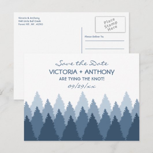 Blue Forest Range Woodland Bruiloft Save the Date Briefkaart (Voorkant / Achterkant)