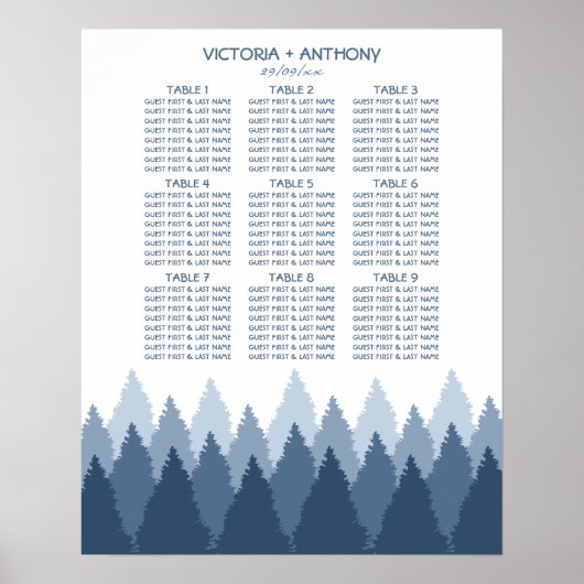 Blue Forest Range Woodland bruiloft zitplaatsen ka Poster (Voorkant)