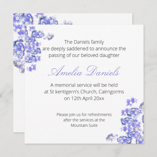 Blue Forget-me-not Begrafenis Aankondiging Kaart (Voorkant / Achterkant)