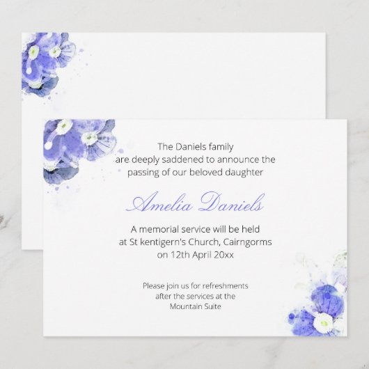 Blue Forget-me-not Begrafenis Aankondiging Kaart (Voorkant / Achterkant)