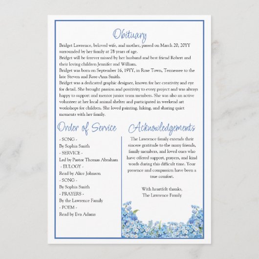 Blue Forget-me-not Pretty Memorial Service Funeral Programmakaart (Achterkant)
