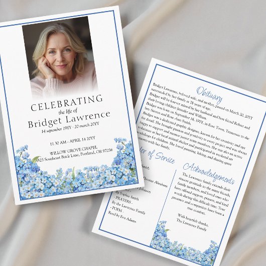 Blue Forget-me-not Pretty Memorial Service Funeral Programmakaart