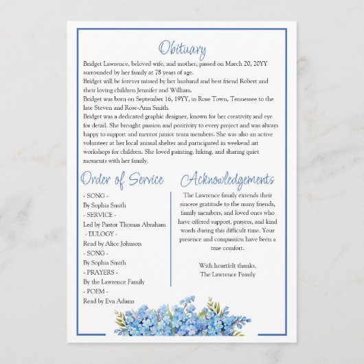 Blue Forget-me-nots Celebrating Life - Funeral Programmakaart (Achterkant)