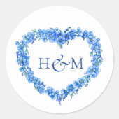 Blue forget me nots inked art wedding monogram ronde sticker (Voorkant)
