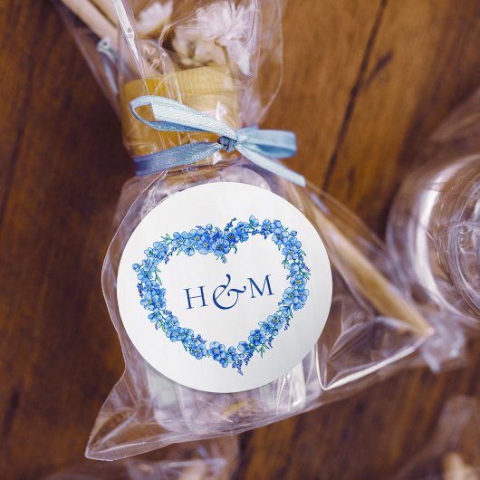 Blue forget me nots inked art wedding monogram ronde sticker