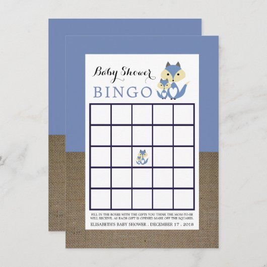 Blue Fox Burlap Baby shower Bingo Kaart (Voorkant / Achterkant)