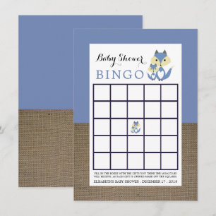 Blue Fox Burlap Baby shower Bingo Kaart