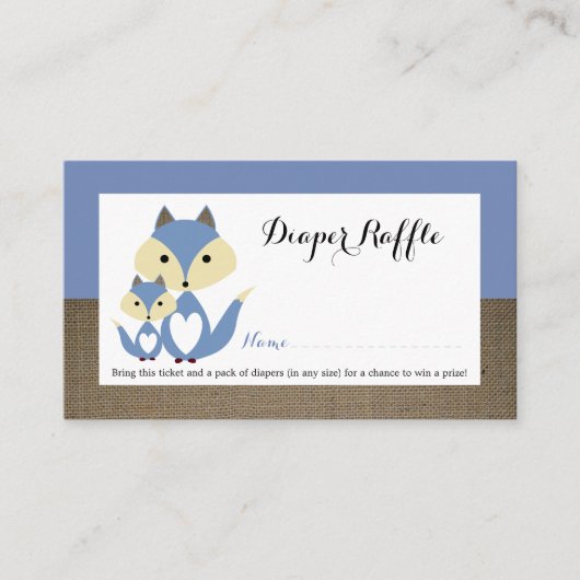 Blue Fox Burlap Baby shower Diaper Raffle Ticket Informatiekaartje (Voorkant)