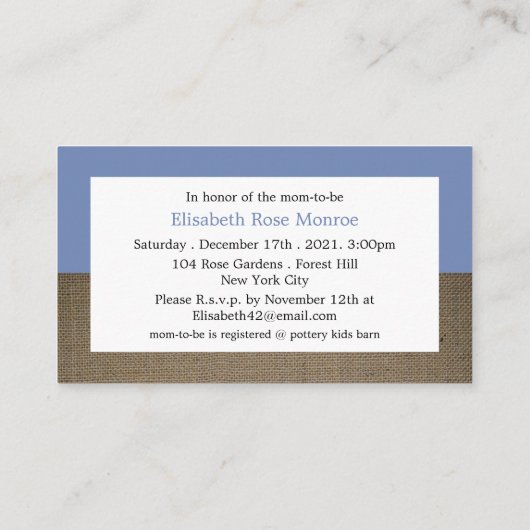 Blue Fox Burlap Baby shower Ticket Invitation Informatiekaartje (Achterkant)