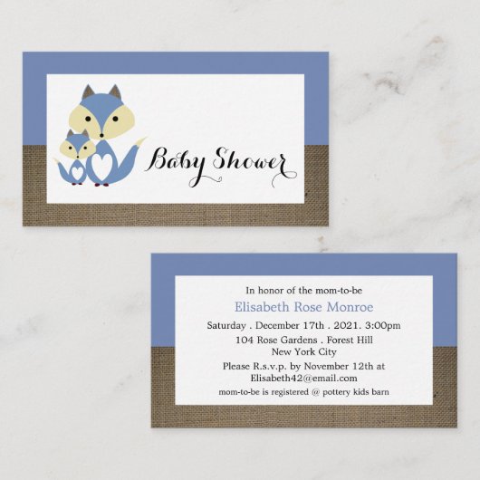 Blue Fox Burlap Baby shower Ticket Invitation Informatiekaartje (Voorkant / Achterkant)
