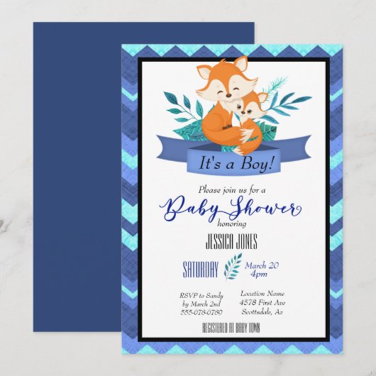 Blue Fox Het is een Baby shower-uitnodiging. Kaart (Voorkant / Achterkant)