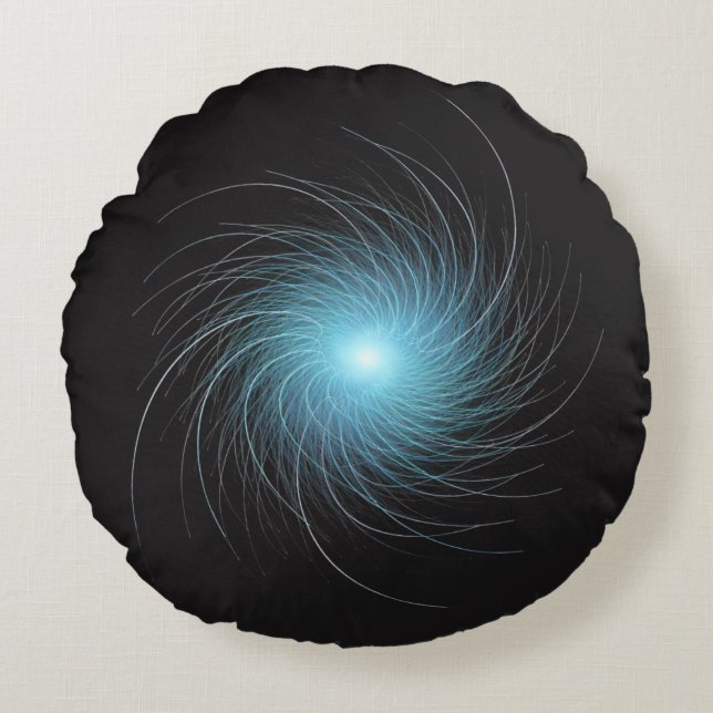 Blue Fractal Swirl on Black Rond Kussen (Voorkant)